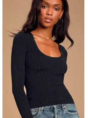 Free People Lucky You Black Ribbed Long Sleeve Top thumbnail 1