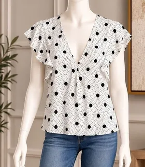 Tahari Women Blouse Polka Dot Flutter Sleeve White Black Large thumbnail 1