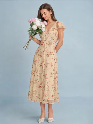 Rihoas Yellow Butterfly Sleeve Tie Floral Midi Dress thumbnail 2