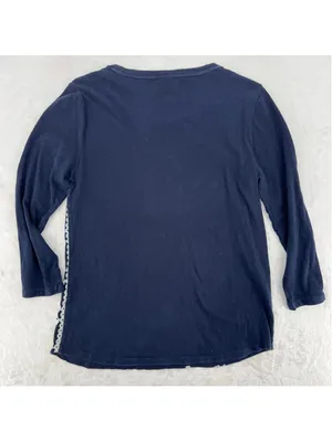 J Crew Lightweight Sweater Navy Blue Cream Embroidery Preppy Daisy Size Medium thumbnail 3