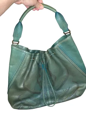 Y2K Vintage Cole Haan Teal Leather Drawstring brass studded Hobo Bag Boho fairy thumbnail 1