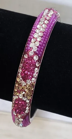 Vintage Bracelet / Bangle - Pink, Clear Gems & Light Gold Tone Gems 7" thumbnail 1