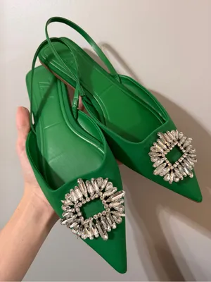 Zara Kelly Green Satin Slingback Flats Sparkle Crystal Gem 40 Pointed Toe thumbnail 1