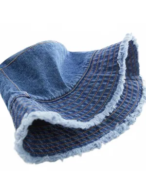 Mango Cotton Frayed Denim Bucket Hat NWT Blue thumbnail 3