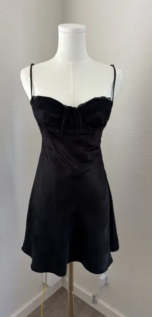 Little Lie Black Satin jacquard lace-trim mini slip dress (S) thumbnail 1