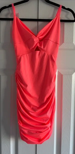 Katie J NYC Neon Pink Mini Dress Ruched Bodycon Cutout Knot Front XS Adjustable thumbnail 1