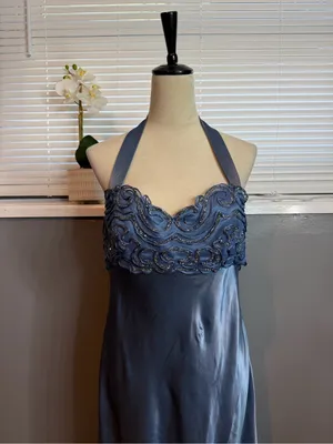 Dave & Johnny Size 12 Blue Satin Beaded Halter Formal Gown Y2K Prom Dress thumbnail 5