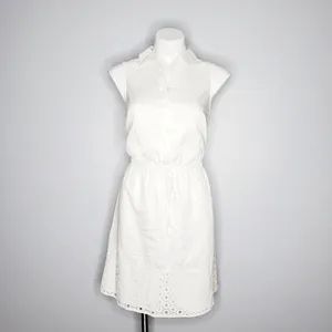 Elle White Eyelet Cotton Shirtdress Sleeveless Button Down Drawstring‎ Mini Sz S thumbnail 5