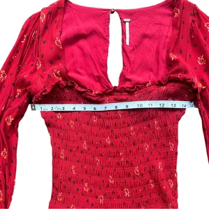 Free People Red Two Faces Printed Floral Boho Mini Dress Smocked Balloon Sleeve thumbnail 6