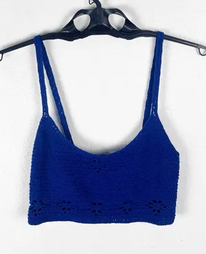 FREE PEOPLE Berkinette Blue Crochet Knit Crop Top Medium Boho Festival Concert thumbnail 1