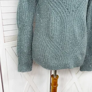 Nine West Scalloped Sleeve‎ Sequin Shimmer Sweater Sage Green Silver XS thumbnail 6