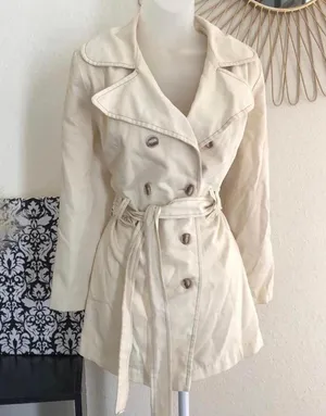 Vintage Cream beige belted long sleeves mini/midi trench coat peacoat overcoat collared neckline, double breasted button closure. thumbnail 1