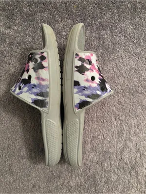 Crocs Women's Slide Sandals in Light Gray with Pink & Purple Print Size 11 thumbnail 2