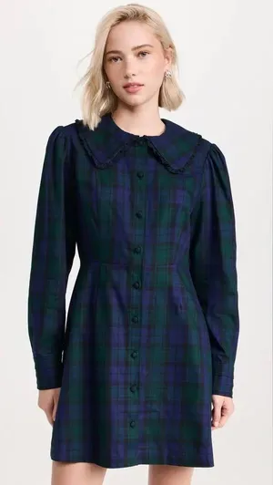 Hill House The Hazel Dress Blackwatch Tartan Plaid Cotton Ruffle Mini Medium thumbnail 1