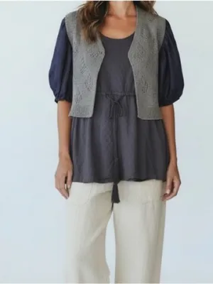Anthropologie Deletta Elegant Blue puff sleeve belted tassle Top silk cotton thumbnail 5