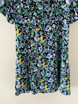 Blue Green Floral Puff Mini Dress Medium Romantic Cottagecore Summer Going Out thumbnail 3