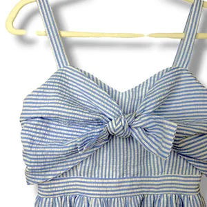 English Factory Blue White Stripe Seersucker Pattern Tier Knot Front Maxi Dress thumbnail 3