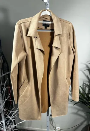 B187. Buckle Black Women’s Tan Faux Suede Waterfall Open Front jacket thumbnail 1