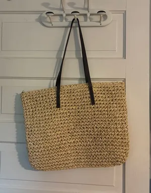 Woven Straw Tote Bag with Brown Faux Leather Handles thumbnail 1