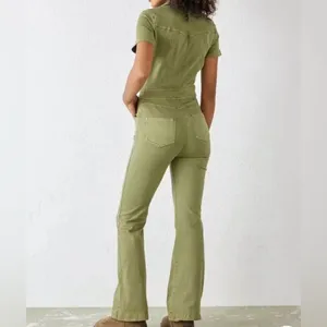 Urban Outfitters Emma Stretch Denim Flared Jumpsuit in Olive Green Size Small thumbnail 4