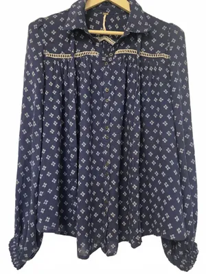 Free People Womens Every Day Girl Size Medium Boho Cottagecore Navy Blue Dot thumbnail 2