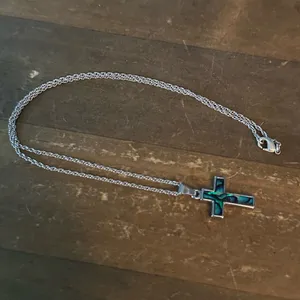 Silver tone abalone cross pendant necklace thumbnail 2
