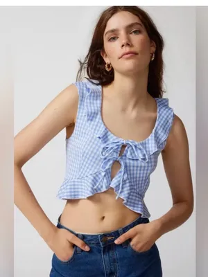 Urban Outfitters Blue Gingham Ruffle Tie-Front Crop Top thumbnail 2