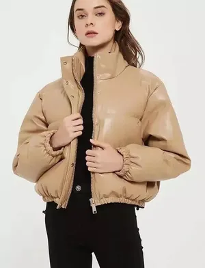 Small crop puffer beige Carmel warm winter coat jacket big Nwot Tan thumbnail 2