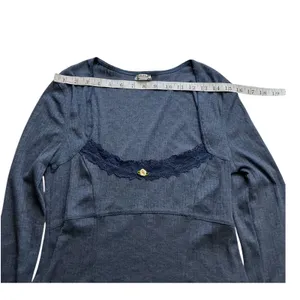 Intimately Free People Blue Ribbed Lace Trim Rosette Square Neck Cropped Top M thumbnail 5