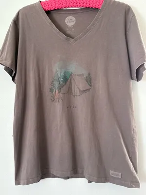 100% COTTON LIFE IS GOOD XL ✨ V-Neck Tee with Camping Graphic short sleeve EUC thumbnail 1