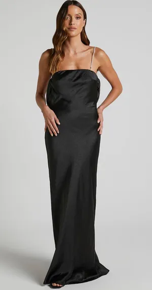 Showpo Archie Maxi Dress - Cowl Back Diamanté Strap Satin Dress In Black thumbnail 1