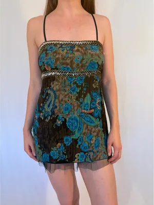 Fairy Boho Paisley Peacock Blue and Brown Floral Y2K Cami thumbnail 3