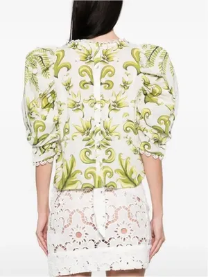 FARM RIO Milani Blouse Floral Puff-Sleeve Women's Top in Olive Green Size Large thumbnail 2