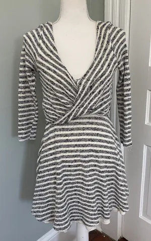 Free People Gray‎ Ivory Striped Faux Wrap V- Neck Maverick Dress Small thumbnail 1