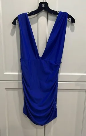 Superdown blue deep V ruched dress with side zipper. New without tags. thumbnail 1