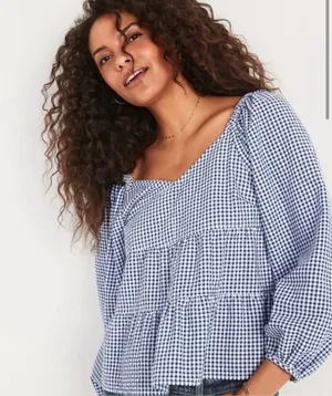 Old Navy Womens Shirt Blouse Blue White Gingham Plaid Seersucker Size Medium thumbnail 1