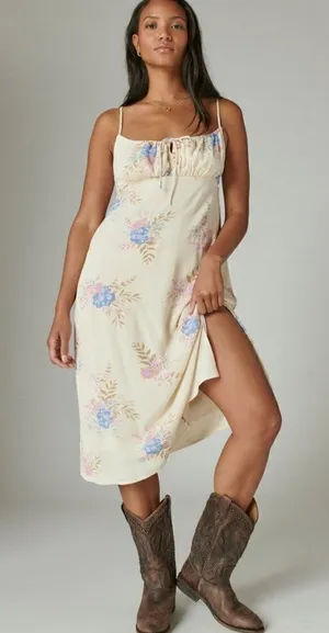 Lucky Brand Floral Printed Slip Dress Midi Cream Blue Size Small thumbnail 1