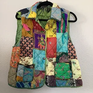 Reversible Green Multicolor Colorful‎ Patchwork Quilted Artsy Goblincore Vest L thumbnail 3