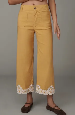 Maeve Anthropologie The Colette Mustard Yellow Embroidered‎ Wide Leg Crop Pants thumbnail 1