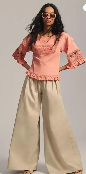 Anthro Tiny Sonoma Coral Boho Blouse XL Crochet Lace Ruffle Sleeve Peplum Top thumbnail 1