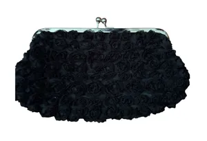 Black 3D Rosette Floral Evening Clutch Silver Kiss Lock Convertible Chain‎ Strap thumbnail 1