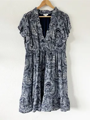 Sundance Paisley Ruffle Boho Viscose Pocketed Blue Print V-Neck Mini Dress thumbnail 2