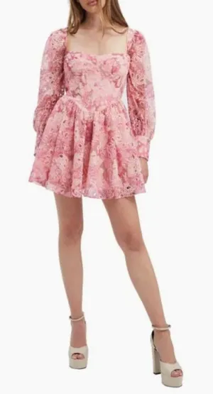 Bardot Lila Eyelet Corset Long Sleeve Minidress in Pink Garden Women's Small / 4 thumbnail 1