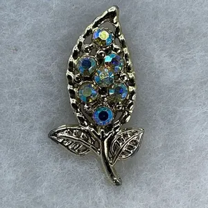 Vintage MCM leaf AB crystals large brooch. Gold thumbnail 4