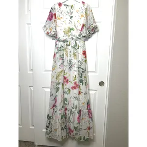 Betsy &‎ Adam Floral Maxi Dress 6 White Pink Flutter Sleeve Gown thumbnail 4