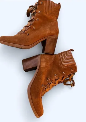 Suede Lace-Up Block Heel Ankle Boots in Tan thumbnail 1