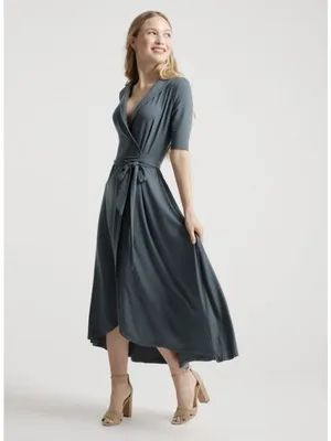 Quince Tencel Jersey Midi Wrap Dress Dark Olive Green Size L thumbnail 7