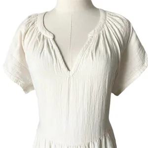 Pact Gauze Midi Dress 100% Organic Cotton Ivory V-Neck Ruffle Hem Tie Back XL thumbnail 3