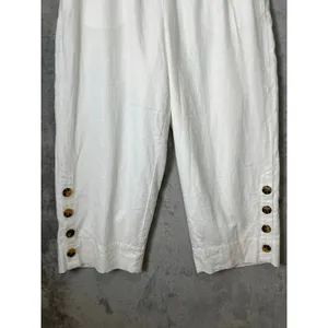 John Mark White Linen Blend Cropped Wide Leg Pants Elastic Waist‎ Button Hem MD thumbnail 2