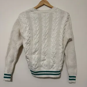 American Eagle Cream Cable Knit Cotton Sweater with Green Striped cuffs thumbnail 3